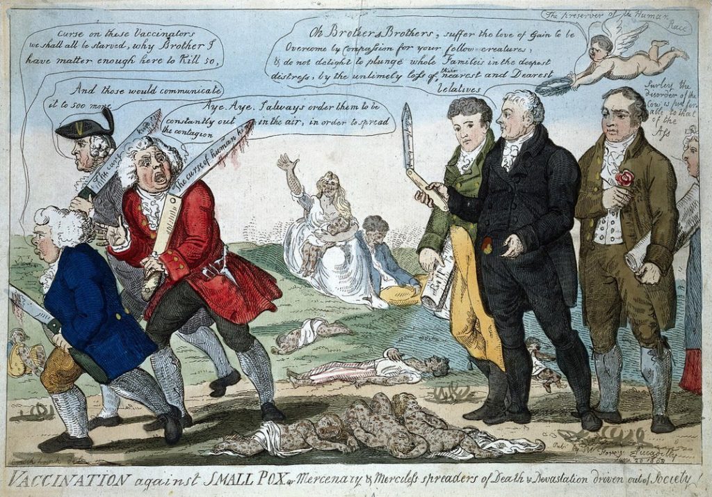 Иллюстрация 1808 года, на котором Эдвард Дженнер, Томас Димсдейл и Джордж Роуз провожают противников вакцинации. 